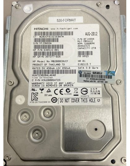 638516-001 HP 2TB 7.2K SATA 3.5 Inch HDD